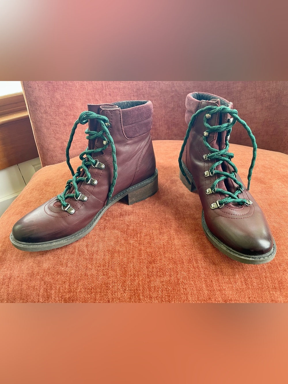 Sam Edelman Burgundy Leather Lace-Up Ankle Boots with Green Laces